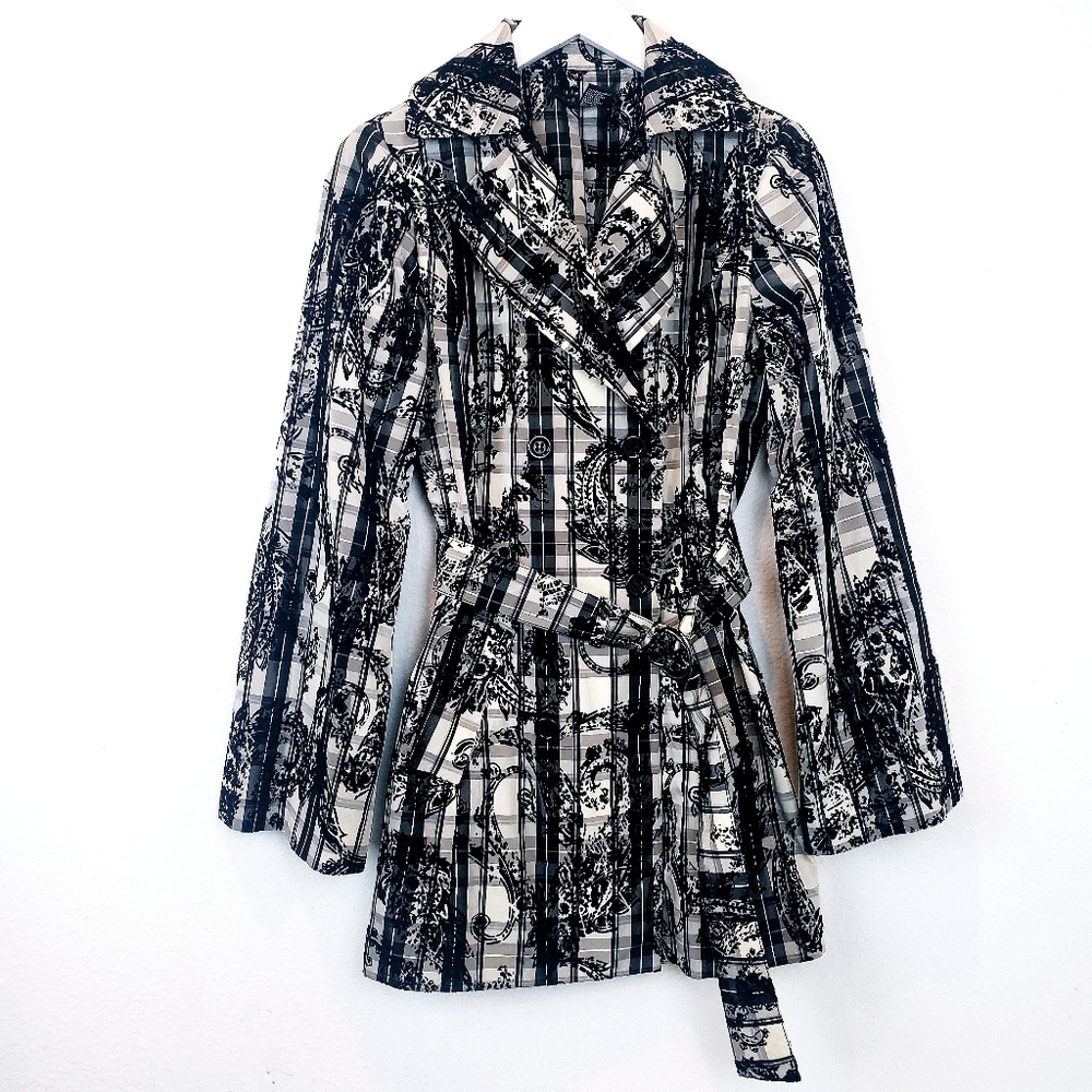 Etcetera Flocked Floral Graphic Plaid Trench
